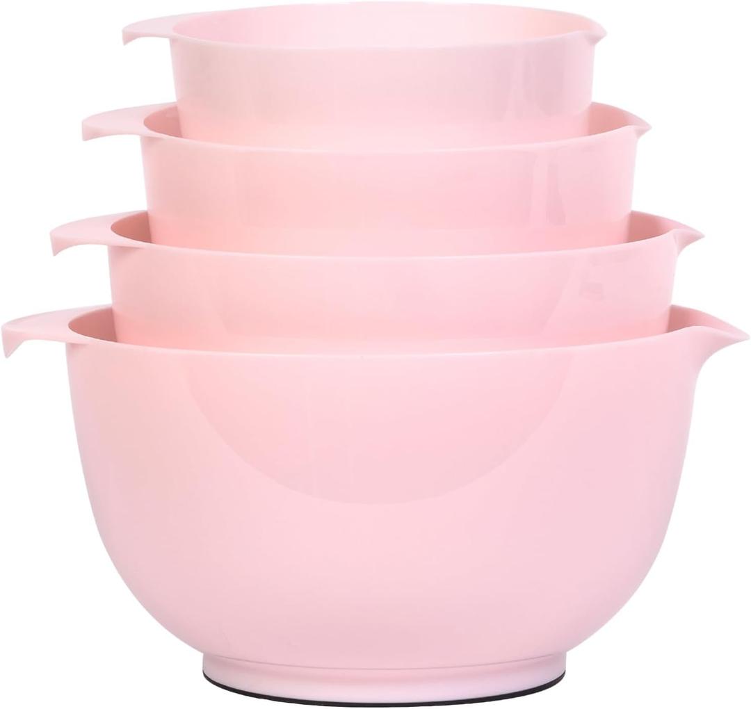 BoxedHome Nesting Plastic Mixing Bowl Set, 4 Piece Mixing Bowl Set with Pour Spouts, Size 1.7, 2.5, 3.5 and 4.5qt, for Prepping, Mixing, Baking, Cooking(2023 New Version, Pink)
