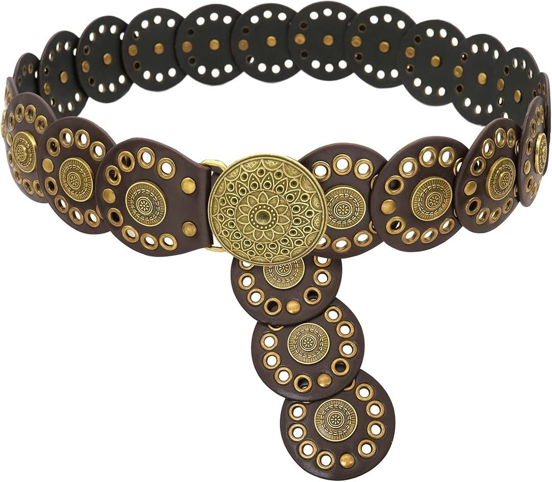 Wide Disc Belt for Women Disk Concho Belts Western Leather Belt Boho Waist Belt for Dress