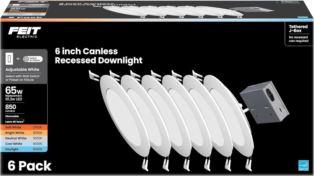 Feit Electric 6" LED Canless Recessed Downlights with Tethered Jbox, Slim, 65W Replacement, Dimmable, 5CCT Selectable White, 90 CRI, 850 Lumens, LEDR6XT/6WYCA/6, 6 Pack