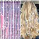 Hair Tinsel Clip in Dreamy Colorful Fairy Hair Tinsel Kit, 12 Pcs 24 Inch Glitter Clip in Hair Extensions for Girls Women Kids Christmas New Year Festival Party (Dreamy Colorful)