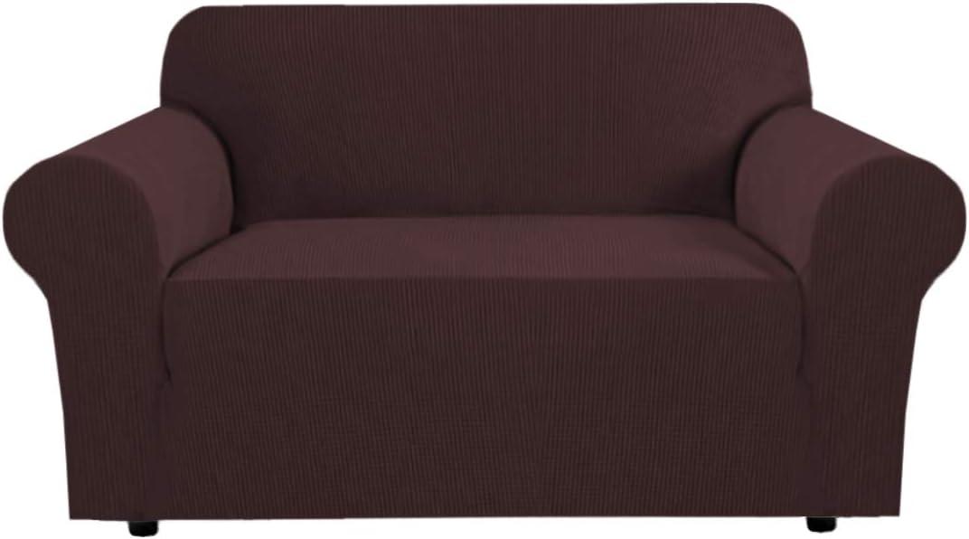 H.VERSAILTEX Stretch Love Seat Couch Covers Couch Slipcovers for 2 Cushion Couch Sofa Cover for Loveseat 1 Piece with Elastic Bottom, Textured Checked Jacquard Fabric(Loveseat 58"-70" Wide, Chocolate)