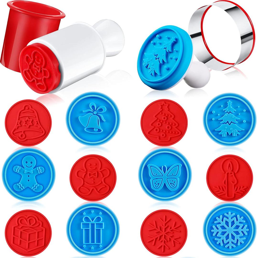 12 Pieces Christmas Cookie Stamps Set With 2 Cookie Cutters and 2 Plastic Press for Baking - Silicone Embossing Mold for Homemade Cookies, 2 Set