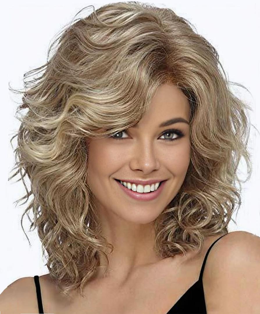 SEVENCOLORS Medium Length Blonde Curly Wigs for White Women Short Layered Wavy Bob Wigs Synthetic Hair Blond Wigs for Daily Party Cosplay