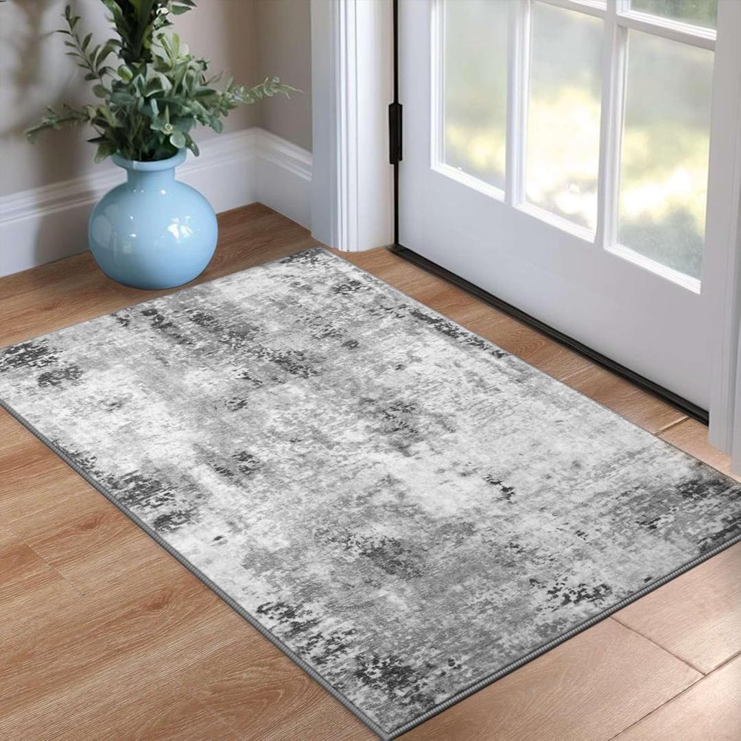 Entrance Rugs Indoor 2x3 Grey Entry Rug Washable Abstract Small Area Rug Non-Slip Low Pile Throw Rugs for Entryway, Kitchen Floor, Front Door Indoor Door Mat, Bathroom, Bedroom Bedside (2'x3')