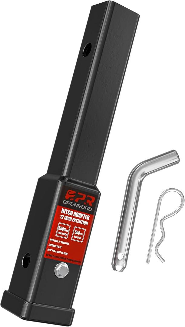 OPENROAD Trailer Hitch Extension12 inch Hitch Extender Length for 2-inch Receiver Tube Extender,5000lbs GTW,500 lbs TW,Includes 5/8'' Hitch Pin