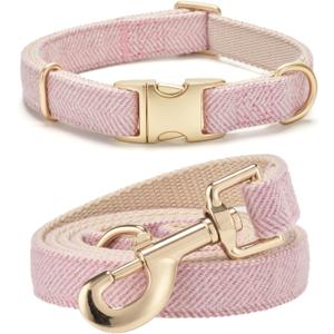 Soft Hemp Dog Collar and Leash Set Adjustable Woven Tweed Dog Collars with Metal Buckle and Lead for Small Medium Large Dogs,Pink