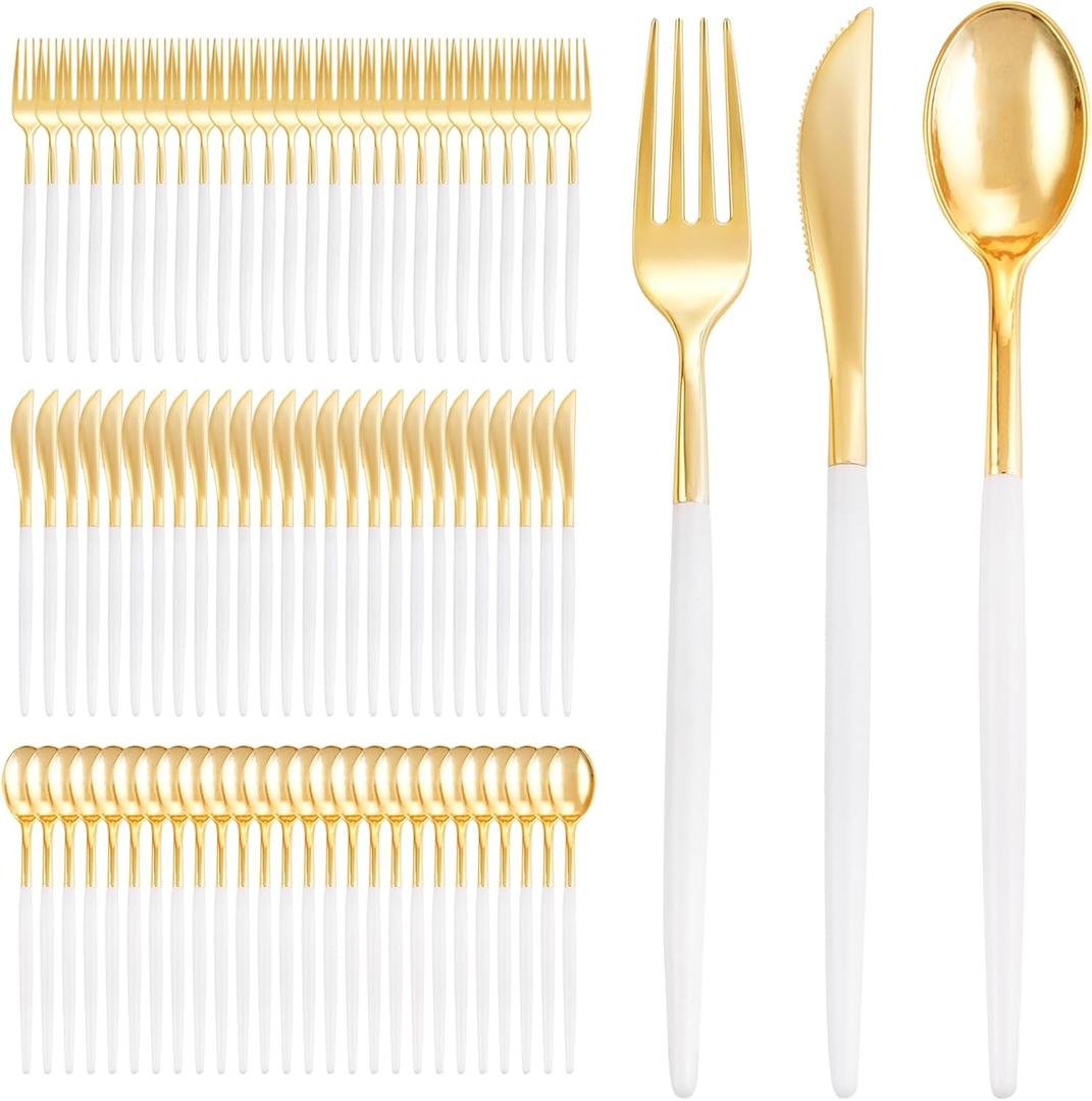 I00000 300 Pcs Gold Plastic Silverware - Gold Disposable Silverware - Premium White Cutlery Set Include 100 Forks 100 Knives 100 Spoons,Plastic Cutlery Party Set for Party & Wedding