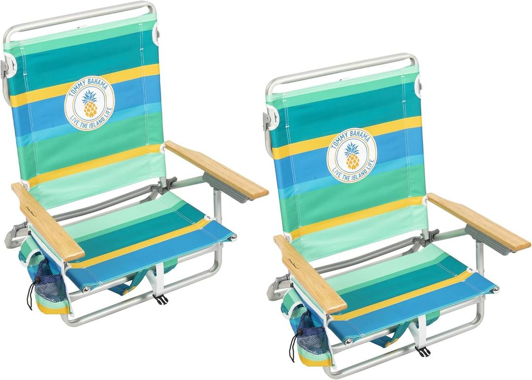 Tommy Bahama 5-Position Classic Lay Flat Backpack Cooler and Cup Holder Beach Chair, Portable Folding Beach Chair for Tanning, 2-Pack, Stripe