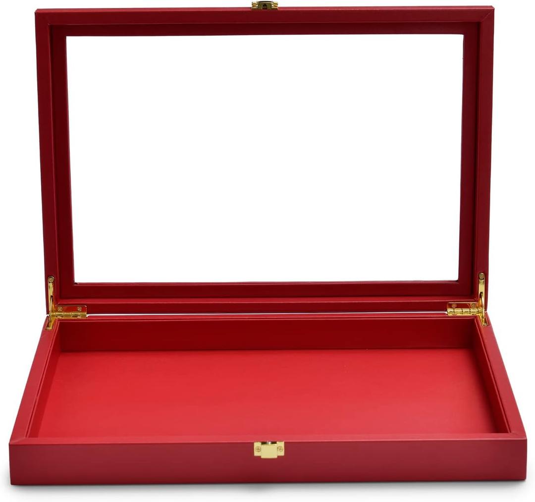 Oirlv Premium Red Leather Jewelry Tray with Acrylic Lid Jewelry Organizer Case Showcase Jewelry Display Organizer Box (Flat)