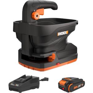 WORX 20V Cordless Seed Spreader 6-Speeds 5-Ft. Max Distance, Fertilizer Spreaders 8 Flow-Rate Settings, Broadcast Spreader Easier Than Hand Spreaders for Lawns WG869 Battery & Charger Included