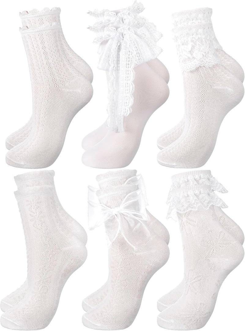 Fourluoo 6 Pairs Women's Ruffle Ankle Socks - Lace & Frilly Cute Breathable Thin Cool Casual Socks(White, 5-9, Bow Tie)