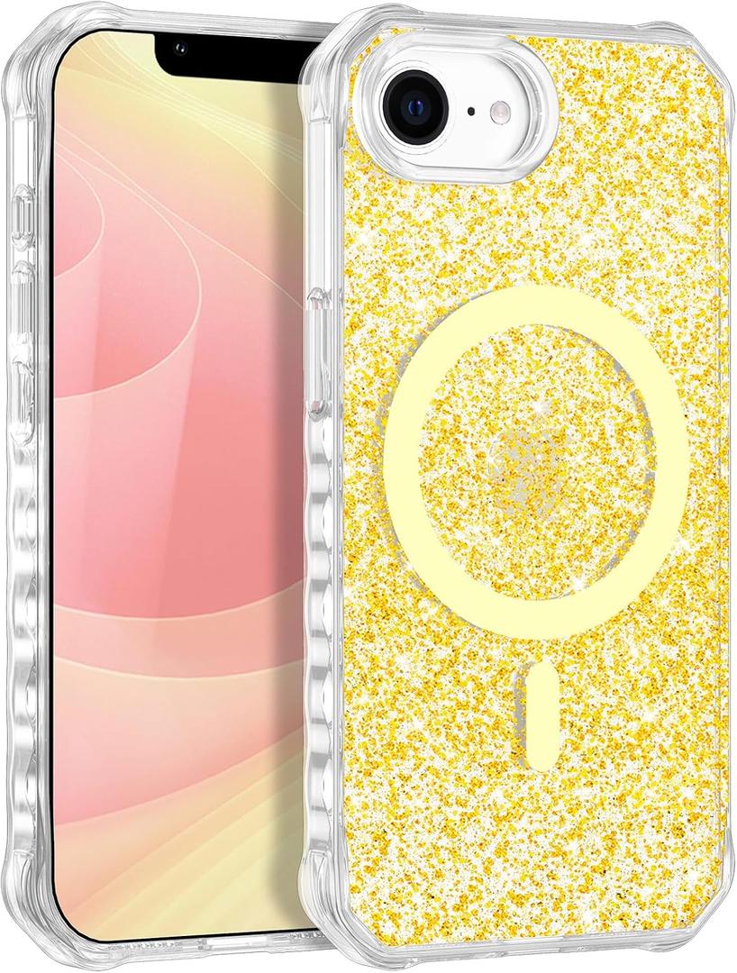 for iPhone 17e/16e Case, Compatible with MagSafe, Clear Bling Sparkly Shockproof Slim Anti-Slip Military Drop Protection Hard Phone Case, Glitter Gold