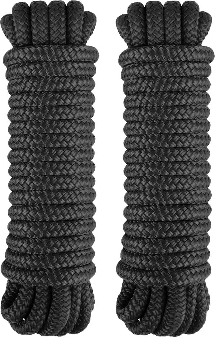 2 Pack 1/2" x 30' Dock Lines - Marine Grade Nylon Boat Rope with 12" Loop for Docking and Mooring - Double Braided Boat Lines, High Strength, Easy Handling, Fray Resistant - Black