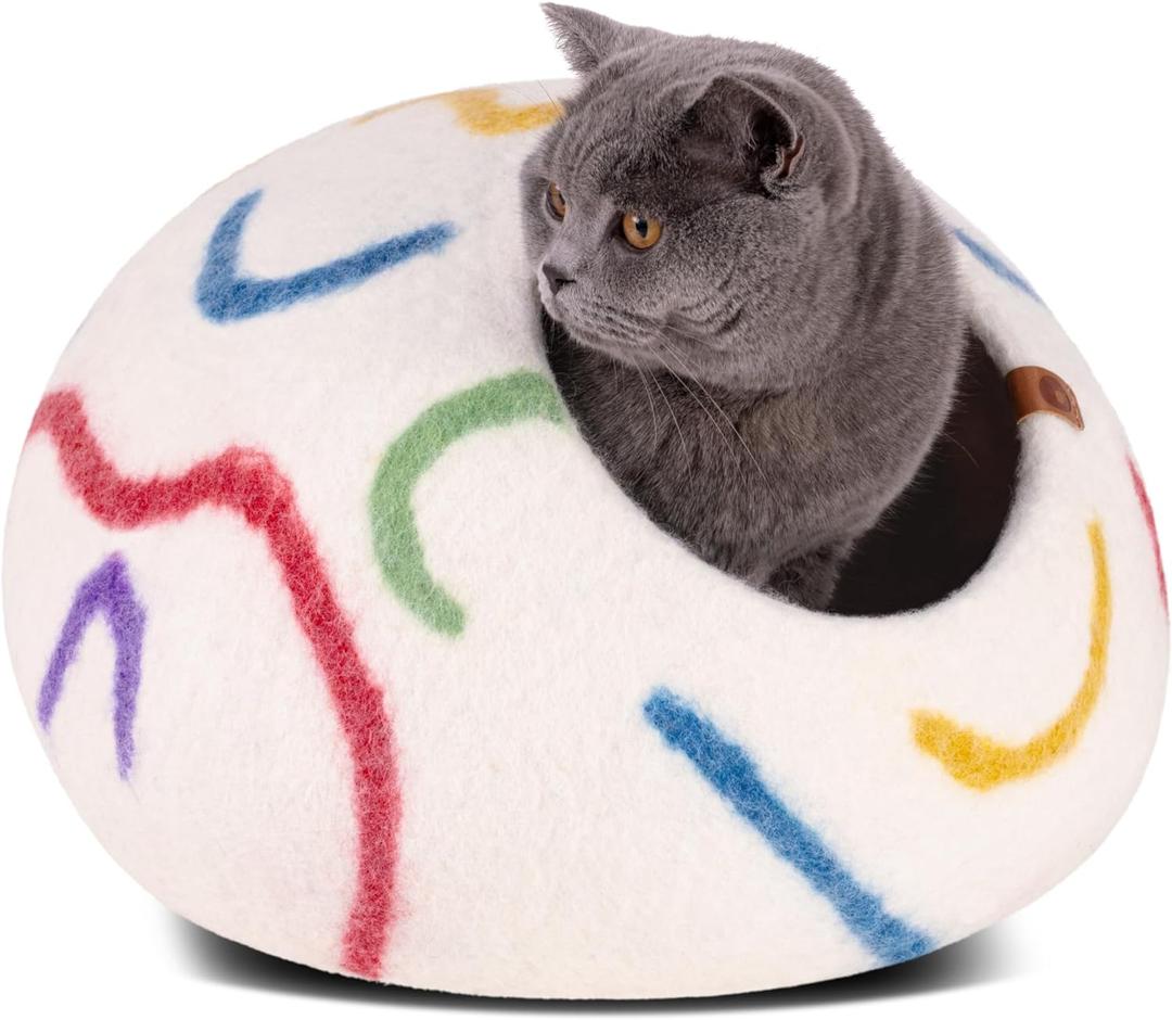 MEOWFIA Cat Cave  Premium Felt Cat Bed for Indoor Cats, Handmade 100% Merino Wool (Medium, Ivory Rainbow)