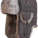Fur Winter Trapper Hat,100% Rabbit Fur Aviator Ski Trapper Trooper Pilot Hat,Snow Eskimo Hat with Ear Flaps for Men & Women (Small-Medium, Brown)