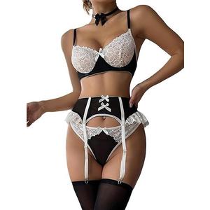 Lilosy Sexy Bow Choker Floral Lace Stocking Sheer Underwire Push Up Garter Lingerie Set (Medium, Stocking Black White)