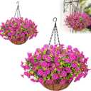 Yastouay 2 Pack Artificial Hanging Flowers for Outdoors, Fake Hanging Plants with Baskets, UV Resistant Hanging Flowers Fake Flowers for Outdoors Porch Patio Garden Spring Summer Decor(Purple Red)