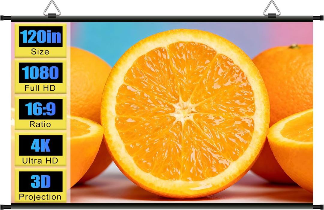 120 inch Projector Screen, XIAOHUI Portable Movie Projector Screen for Outdoor Indoor with 3 pcs Adhesive Hook, 4K Hanging ALR Projection Screen for Room Wall, No Drilling, Anti-Glare Coating, 16:9 HD