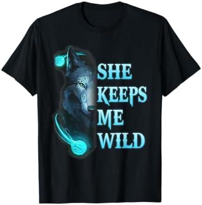 She Keeps me Wild - He keeps me safe Couple Wolves T-Shirt, Medium