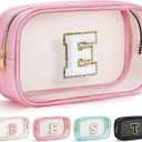 YOOLIFE Initial Make Up Bag Travel Toiletry Bag, Clear Makeup Bag Preppy Cosmetic Bags Organizer Travel Essentials Pink Gifts for Women Teen Girlfriend Teacher Mom Birthday Mothers Day Gifts E
