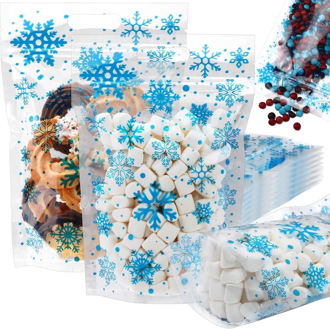 Epakh 100Pcs Christmas Zipper Bags Treat Bag Red Santa Snowflake Clear Christmas Sealing Goodie Bags with Handles Resealable for Winter Holiday Party Candy Cookie Gift Wrapping Supplies(Snowflake)