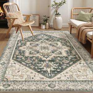 Area Rug for Living Room - 7x9 Washable Oriental Vintage Floral Large Soft Carpet - Fade Stain Resistant Non Slip Rugs for Bedroom Dining Room Nursery Dorm Office Home Decor - Vintage Green