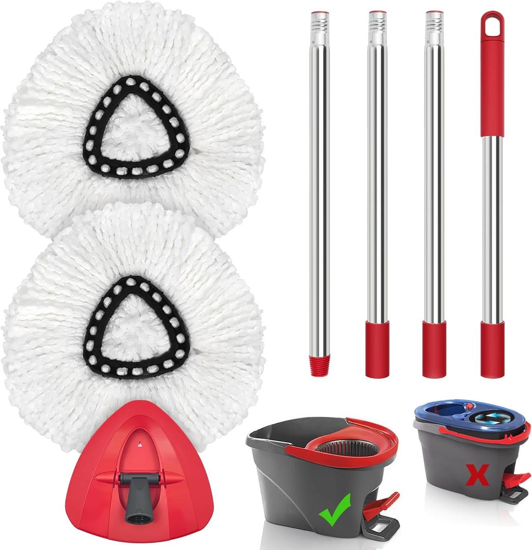 JEHONN Spin Mop Replacement Heads, Base, Handle for O-Cedar EasyWring 1 Tank System, Includes 2 Microfiber Refills, 1 Triangle Cover and 58 inches Long Pole for Cleaning Bathroom Kitchen Tile Floor