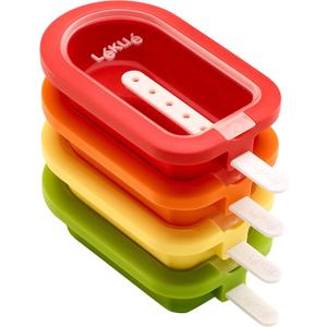Lku Set of 4 Stackable Popsicle Molds + Sticks & Lids | Homemade Freezer Ice Pops & Frozen Snacks | Flexible Platinum Silicone for Easy Fill & Unmold | Reusable & Dishwasher Safe| Multicolor
