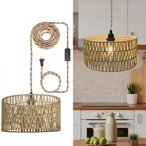 Hanging Lights with Plug in Cord Rattan Boho Hanging Lamp with 15ft Hemp Rope Cord, Farmhouse Pendant Ceiling Light Fixture for Living Room Bedroom Kitchen (12.6 Inch-Barrel Shade)