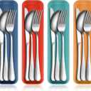 Yinkin 4 Pack Portable Travel Utensils Set with Case Reusable Stainless Steel Silverware Flatware Camping Cutlery Include Fork Spoon Knife for Work School Dishwasher Safe(Mixed Color)