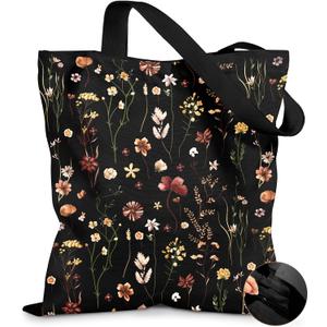 Canvas Tote Bag for Women  Aesthetic Canvas Bag with Zipper Cute Stylish Reusable Shoulder Totes for Shopping Work Daily Vacation, Black Grow Flower