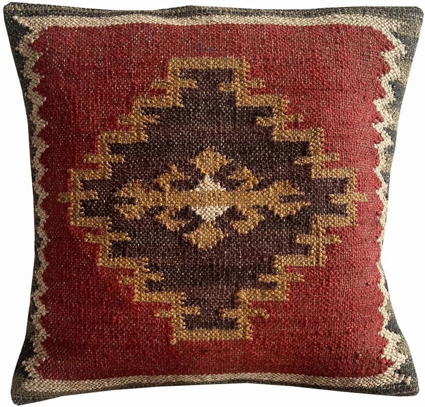 Indian Vintage Kilim Square Pillow Cover 18X18 Pillows Boho Ethnic Cushion Cover, Decorative Throw Pillows Cases (Jute Red Mix Color)