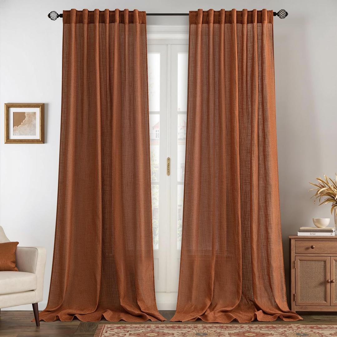 MIULEE Linen Curtains 96 Inch Length for Living Room 2 Panels, Terracotta Rod Pocket Back Tab Light Filtering Semi Sheer Boho Soft Linen Window Fall Drapes Farmhouse Burlap Decor Curtains for Bedroom