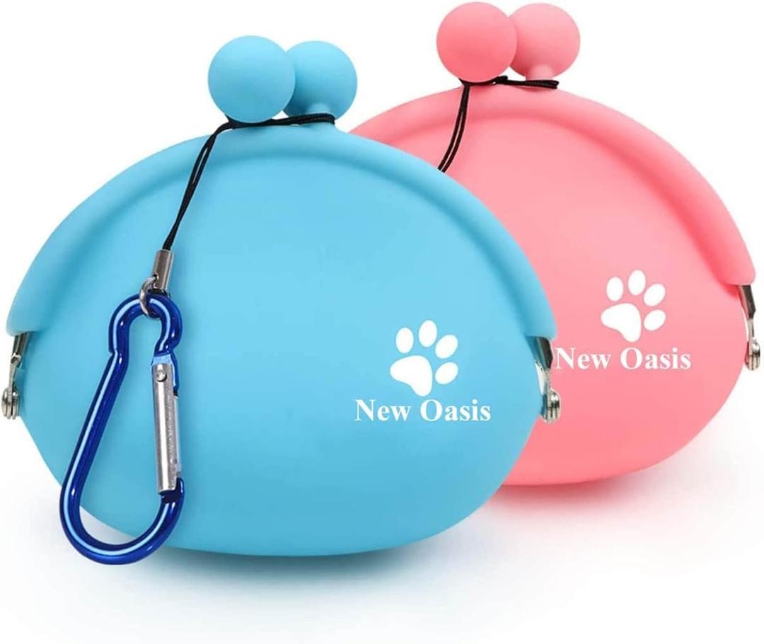 New Oasis Dog Treat Pouch 2Pack, 10oz Small Portable Silicone Dog Training Treat Pouch with Carabiner Reusable Dog Treat Container Dog Treat Bag Silicone Treat Pouch for Leash Key Case, Blue and Pink