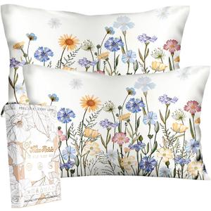 2 Pack Silk Pillowcase - Standard Size 20 x 26 Inch Silky Pillow Case for Hair and Skin Soft Cute Aesthetic Bed Sleeping Pillow Cover with Zipper for Women, Colorful Flower
