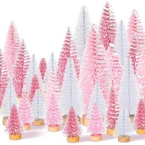 Leyndo 48 Pcs Pink White Artificial Mini Christmas Tree Xmas Sisal Bottle Brush Trees with Wood Base Christmas Decor for Xmas Party Table Top Winter Ornaments Home Kitchen Crafts