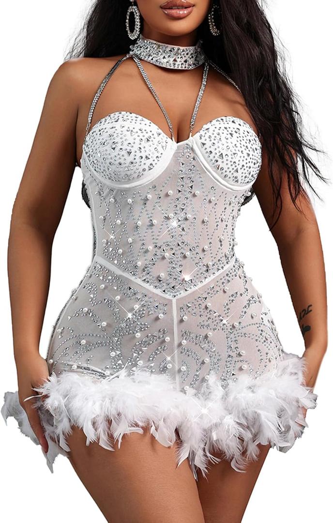 Sexy Feather Rhinestone Backless Mesh Sheer Burlesque Outfit Nightout Clubwear Birthday Party Dress (Medium, 027white) Sexy Feather Rhinestone Backless Mesh Sheer Burlesque Outfit Nightout Clubwear Birthday Party Dress (Medium, 027white)