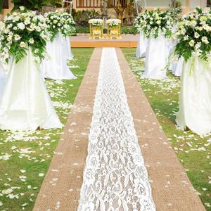 Preboun 3ft x 20 ft Natural Burlap Wedding Runner Aisle Outdoor for Wedding Ceremony Wide Aisle Runner with Lace Jute Rustic Burlap Decorations Outdoor Beach Garden Church