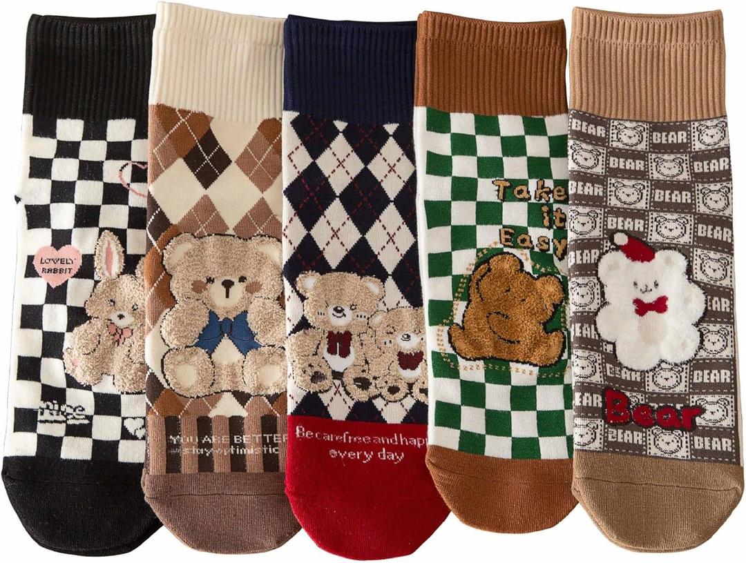Women Crew Socks Casual Cotton Checkerboard Socks with Cartoon Bear Above Ankle Athletic Socks for Women 5 Pairs Size 5-9