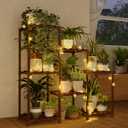 Bamworld Plant Stand Indoor with Flower Fairy Lights Battery Plant Shelf Wood Plant Rack for Multiple Plants 3 Tiers Ladder Plant Holder for 7 Pots for Living Room Home Decor for Gardening Gifts
