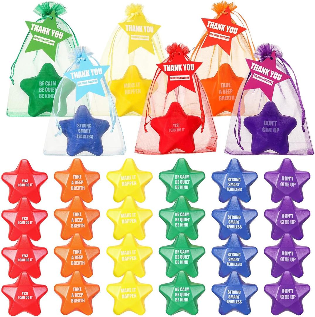 Lenwen 72 Pcs Star Stress Balls Gifts Including 2.5'' Motivational Stress Balls for Adults Relief Employees Appreciation Gift Teacher Thank You for Being Awesome Tags and Organza Bags