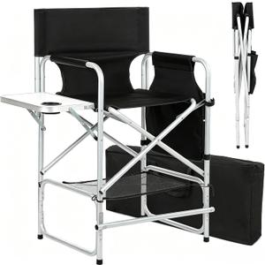 Makeup Artist Chair, 41'' Foldable Tall Directors Chairs w/Side Table Cup Holder Storage Bag and Footrest, Portable Makeup Chair, 400LBS Load Capacity, Black