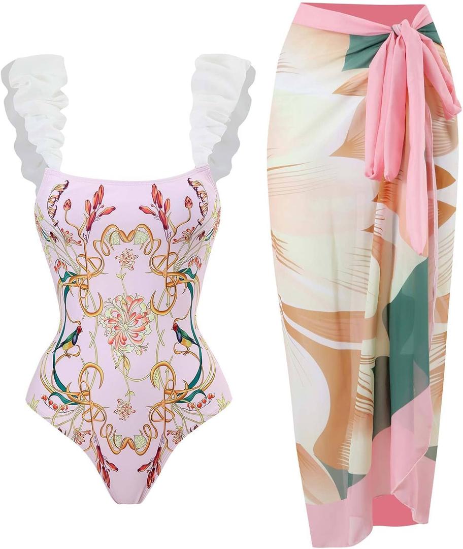 Women's One Piece Swimsuit with Beach Cover Up Bathing Suits for Womens with Long Skirt Retro Floral Print Bikini Pink(Y5-M)