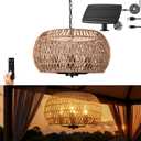 Outdoor Solar Chandelier, 4-Light 19" Rattan Outdoor Chandelier, Hanging Pendant Lights, Waterproof, for Gazebo, Pergola, Porch, Patio