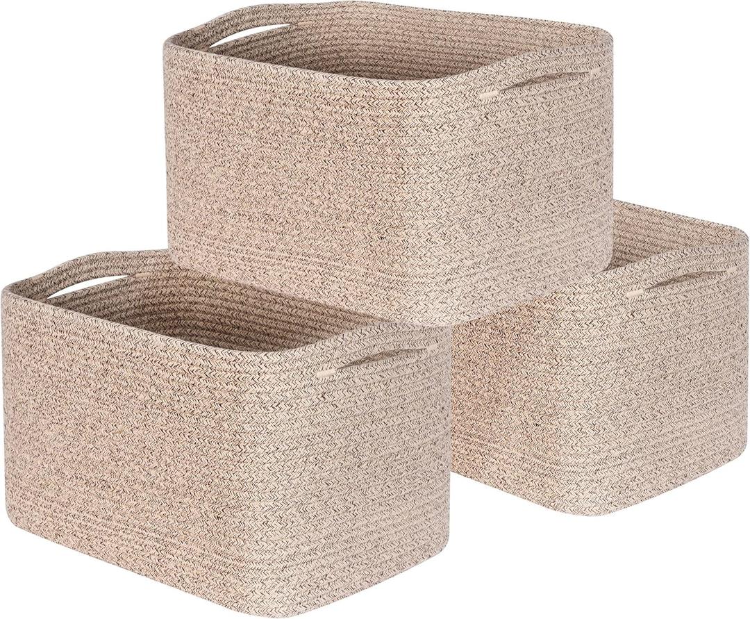 MINTWOOD Design 3-Pack Decorative Woven Storage Baskets for Shelves, Cube Bin Box for Organizing Books, Shoes, Dog Toys, Pantry Closet and Living Room Organizer, Oatmeal Brown