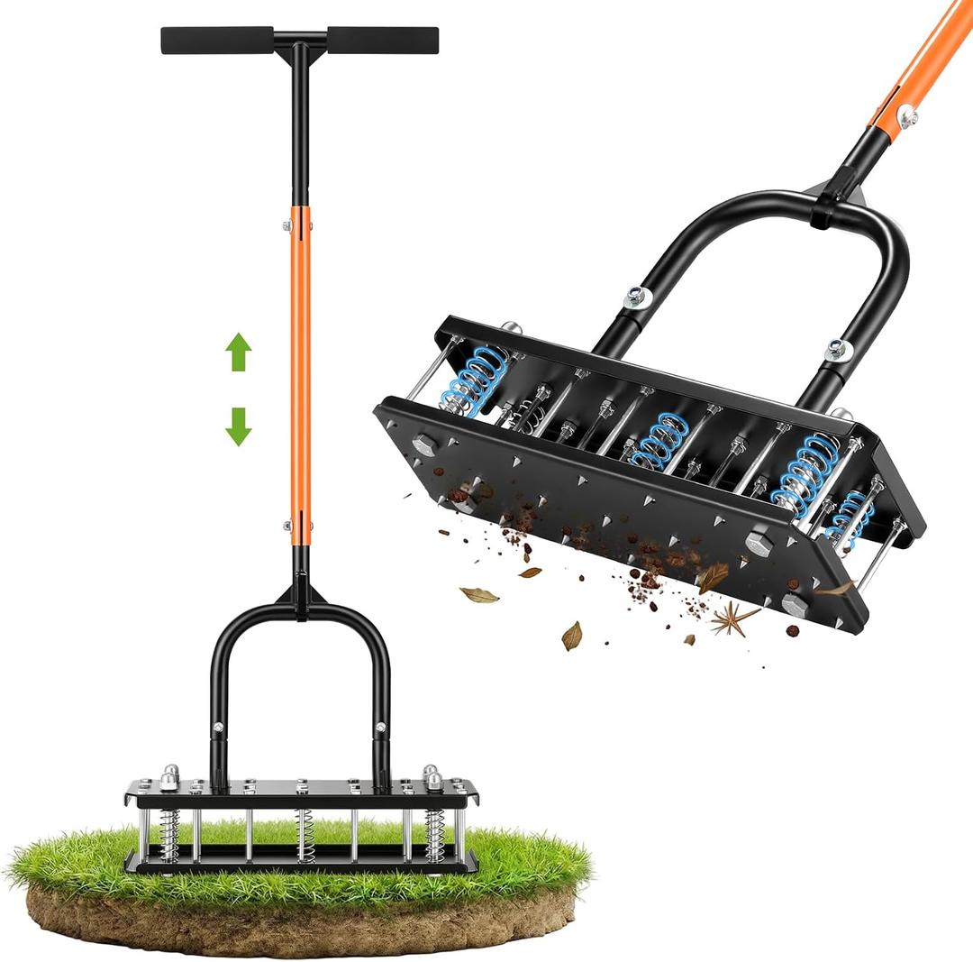 Manual Lawn Aerator, All Metal 21 Tines, Self-Clean | Heavy-Duty All Metal, Spring-Loaded Self-Clean, Adjustable Height for Garden, Lawn, Yard