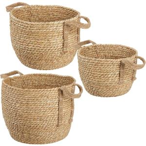 Seagrass Storage Baskets Set of 3, Handwoven Wicker Style with Handles, Large Round Basket for Blankets, Laundry, Toy Storage, Plant and Home Organization, Boat Basket Inspired Design