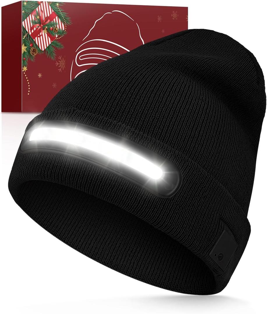 Unisex Beanie with LED Light, Stocking Stuffers Gifts for Men Dad Husband Grandpa Boyfriend Birthday Thanksgiving Christmas (Black)