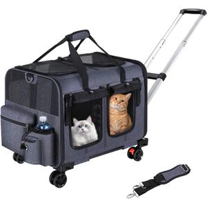 Cat Carrier for 2 Cats,Cat Carrier with Wheels for Cats and Dogs, Foldable Double Pet Carrier, Rolling Dog Carrier with Detachable Wheels and Telescopic Handle,2 Front Zippered Compartments Gray