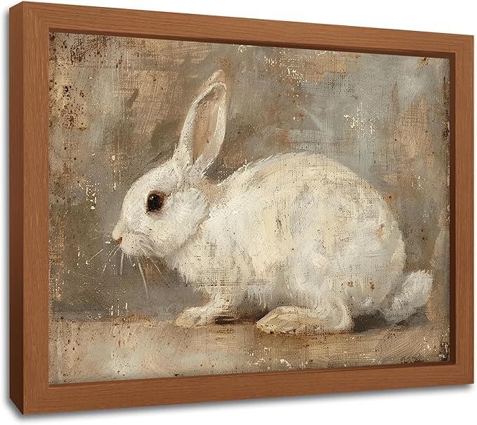 Framed Vintage Wall Art Decor, Neutral Rabbit Oil Painting, Farmhouse Decor Aesthetic Canvas Picture Prints for Living Room Bathroom Bedroom